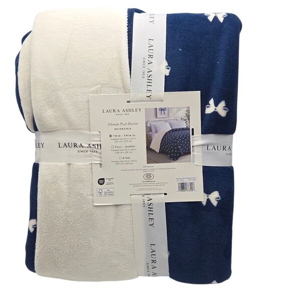 Laura Ashley Twin XL Bows Ivory And Blue Ultimate Plush Blanket Reversible 66x92 - Picture 8 of 9